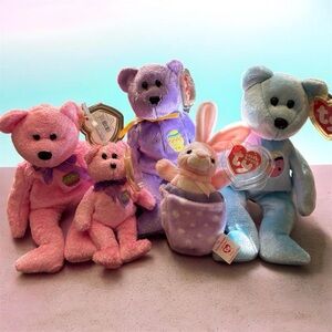 Ty Beanie Baby Bear and Bunny Set - Pink, Purple, Blue Includes 2 Basket Beanies